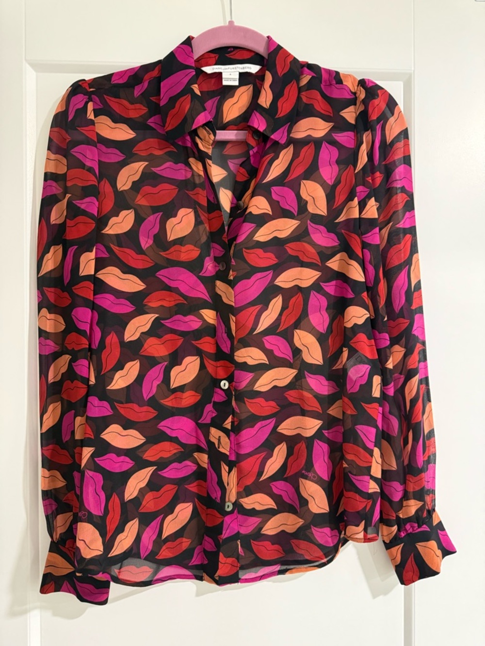 Diane Von Furstenberg Black Blouse with Pink, Red & Orange Lip Print